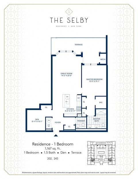 Floor plan for 1 bed, 1.5 baths, 1167 sqft